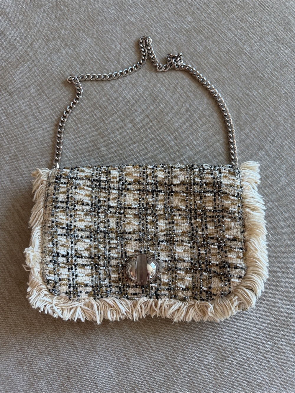 Tweed and beaded Fringe Shoulder Bag in Cream and Black